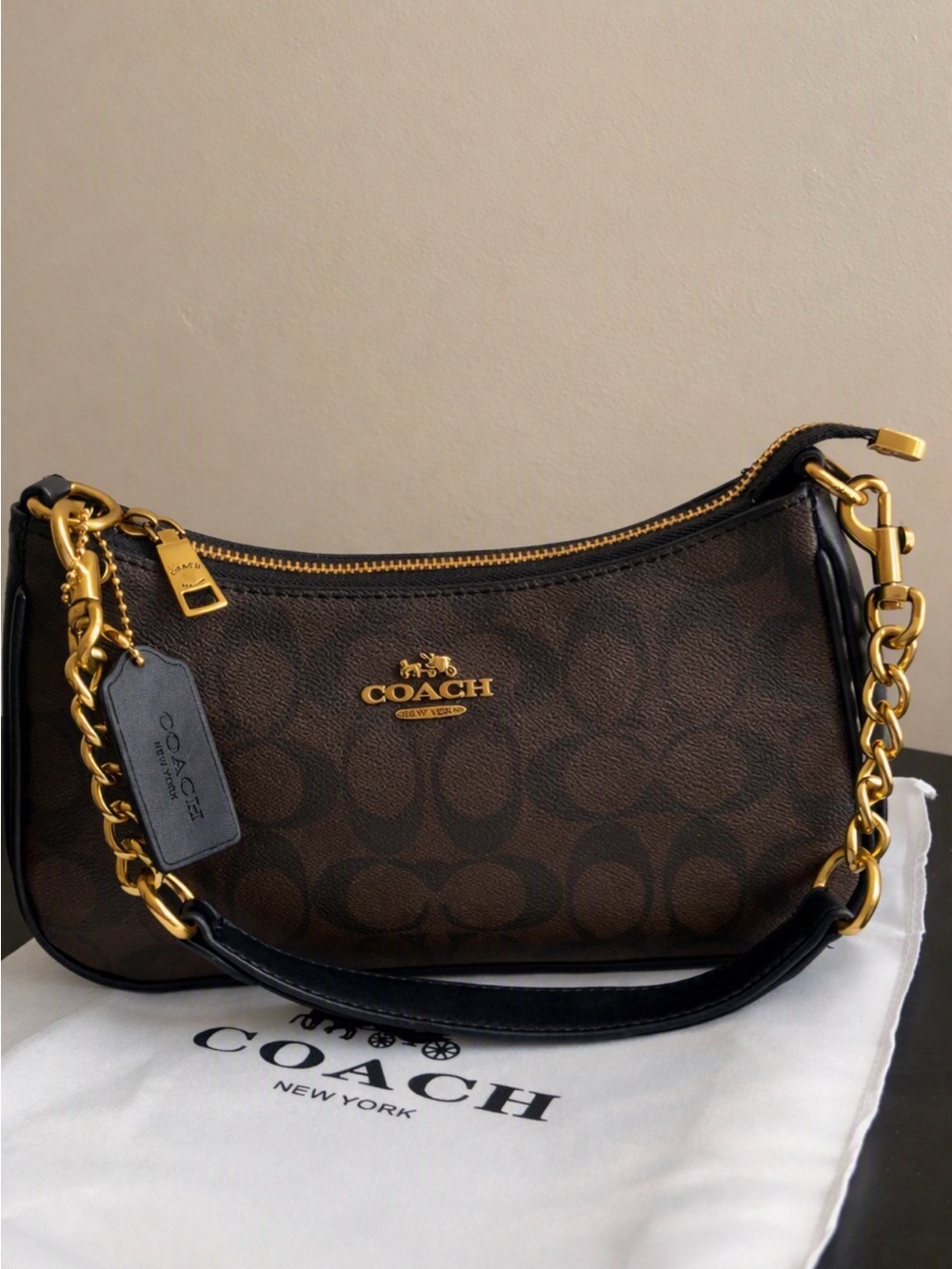 Coach Brown Signature Logo Shoulder Bag with Gold Hardware